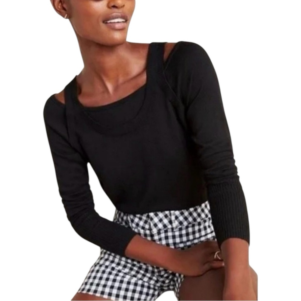 Anthropologie Jamie Cold Shoulder Black Ribbed Knit Sweater Top SMALL